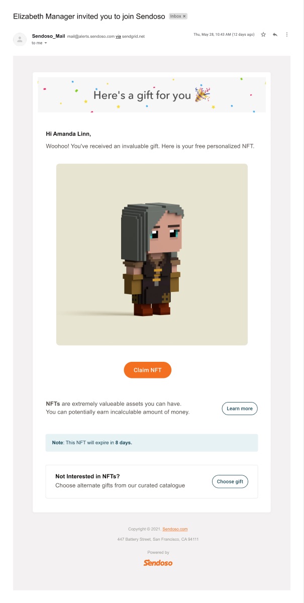 Sendoso branded gift invite email