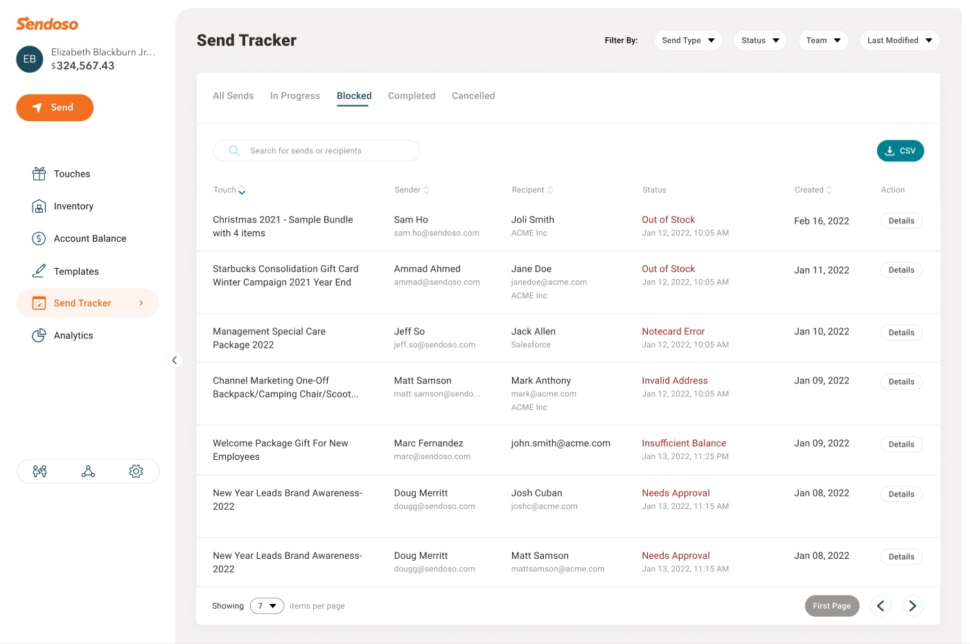 Sendoso send tracker listing every Touch