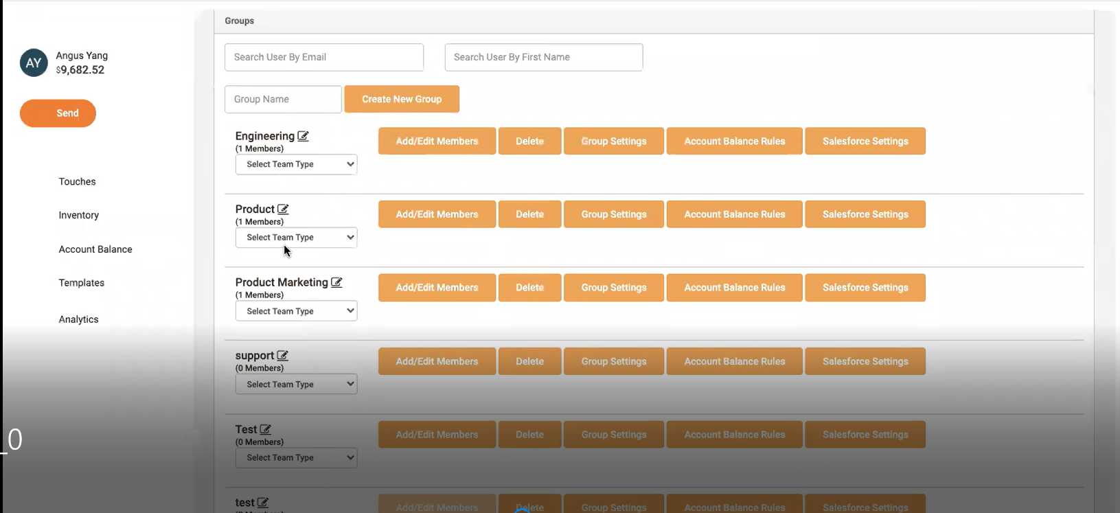 Sendoso Teams & Users early wireframes