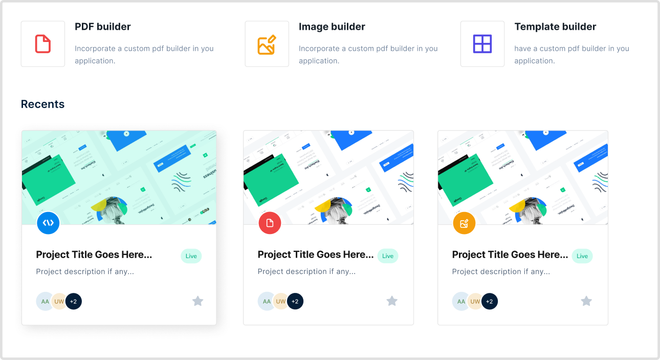 Embed console — projects and builder tiles